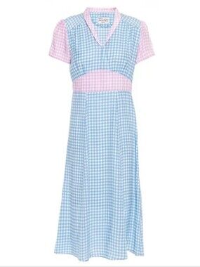 HVN Gingham Midi Dress in Blue & Pink